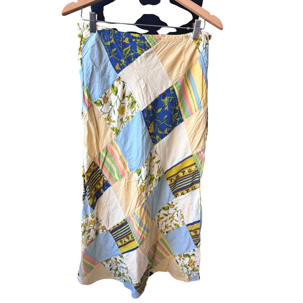 Blue Plate Patchwork Cotton Midi Skirt Floral Striped‎ Bohemian Large